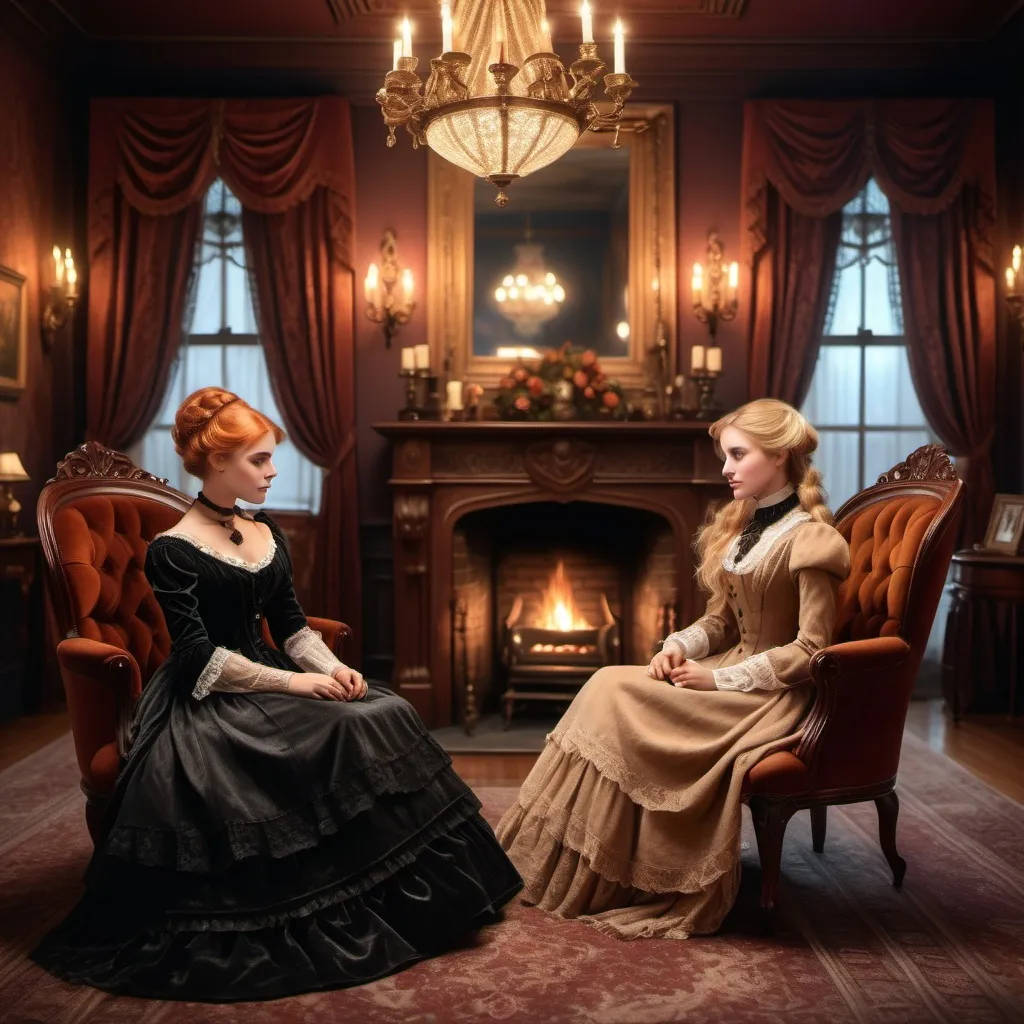 Prompt: (beautiful gothic rich auburn-haired Victorian lady and blonde Victorian lady sitting in a parlor talking), a cozy ambiance, rich wooden chairs, a softly glowing fireplace, warm and inviting lighting, deep, rich colors, detailed historical attire with lace and velvet, engaging expressions as they converse, and an ultra-detailed, elegant atmosphere.