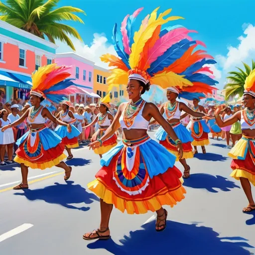 Prompt: Colorful digital artwork of Bermuda Day celebration, vibrant parade floats, joyful crowds dancing, traditional Gombey dancers in action, sunny and lively atmosphere, high quality, digital painting, festive and vibrant color palette, dynamic and energetic composition, detailed cultural costumes, clear blue sky, professional, lively lighting