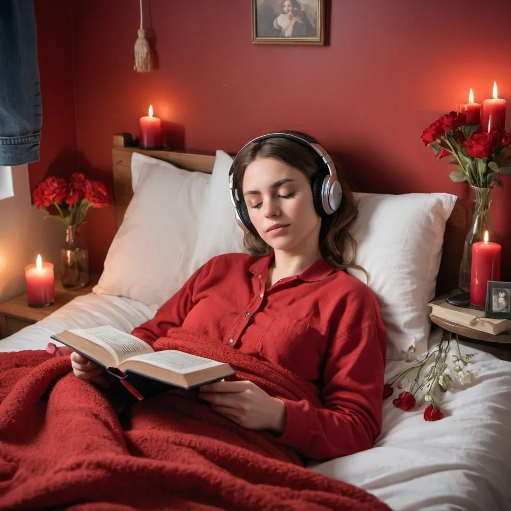 Prompt: A young woman is lying in bed listening to music from her headphones with her eyes gently closed with a blanket covered.
The top wore a red blouse, and the bottom wore jeans.
Frames and book flowers loom behind the bed.
Next to it, red candles continue to burn.