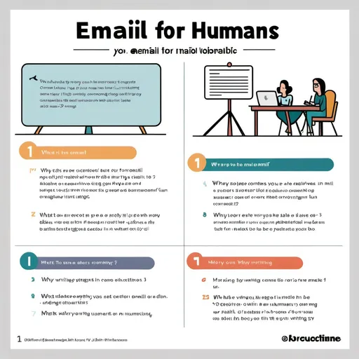 Prompt: Create a cartoon-style infographic summarizing this table one slide on tips for email. My objectives are:
1.	Show humans in cartoon form
2.	Make the font fun and engaging
3.	Be creative in connecting the ‘what’ to the ‘why’ 

#	What	Why (keeping reader in mind)
1.	Deliberate why you’re writing and to whom	Inform or influence. Else don’t add to reader’s work load!
2.	Give a descriptive subject title and change it when needed	Reader should know what’s in the email without opening it
3.	Write a clear opening sentence (main idea)	Reader should know what follows without reading further
4.	Say what specifically you want, from whom, by when and if relevant, why	Reader should have no doubt about what’s required from them by when
5.	When your input will add no value, don’t weigh in	Duh! [Don’t add to reader’s workload]
6.	Keep it clear and keep it short	Reader should find your email easy to understand and unambiguously clear
7.	Consider talking (in person or by phone) instead of emailing	In some situations or at some point in an exchange, email can be inefficient for both reader and sender
8.	If attachments are needed, minimize the number and format them well	Reader, not you, should have to exert minimum effort to navigate everything
9.	Reply every email addressed to you or where your action is needed (unless it’s spam or an unsolicited pitch)	How do you like being ignored?
10.	Avoid the blind copy (bcc)	Let’s nurture a transparent, honest, open culture!
11.	Use a thoughtfully worded out-of-office message	Reader should know your period of absence and have options on what to do till you return
12.	Proof-read before sending	Reader may think you‘re sloppy, therefore think poorly of your email and perhaps give it less attention