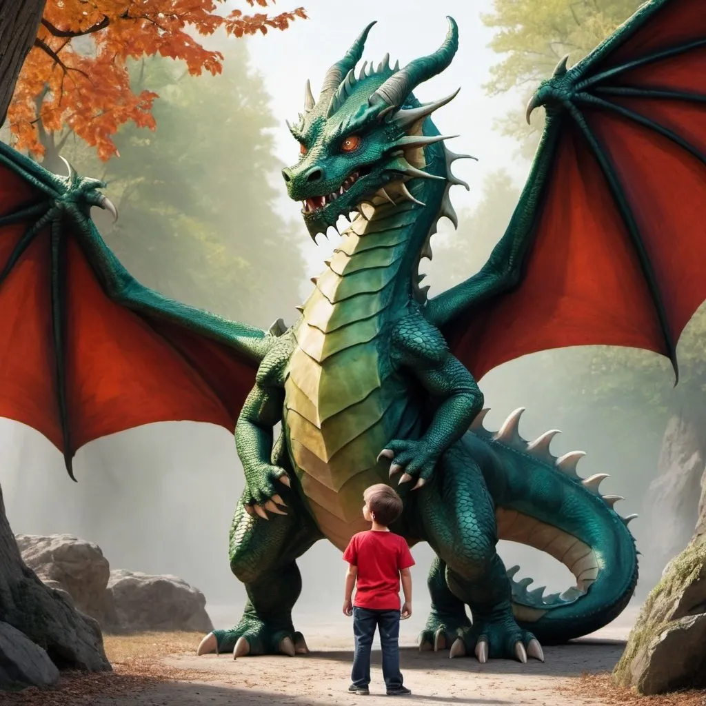 Prompt: make a dragon that is standing in front of a human boy that is his biggest friend