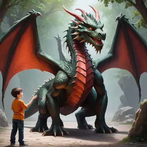 Prompt: make a dragon that is standing in front of a human boy that is his biggest friend