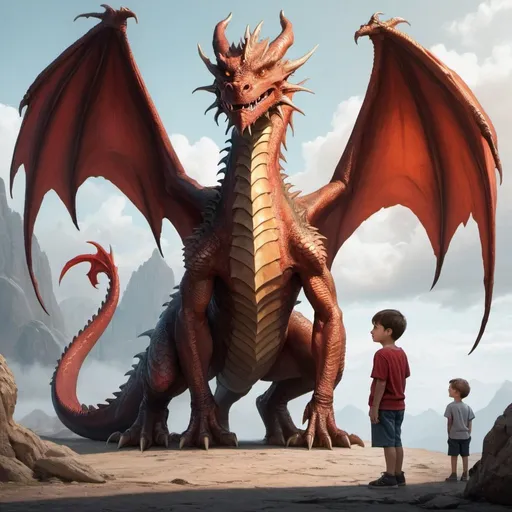 Prompt: make a dragon that is standing in front of a human boy that is his biggest friend