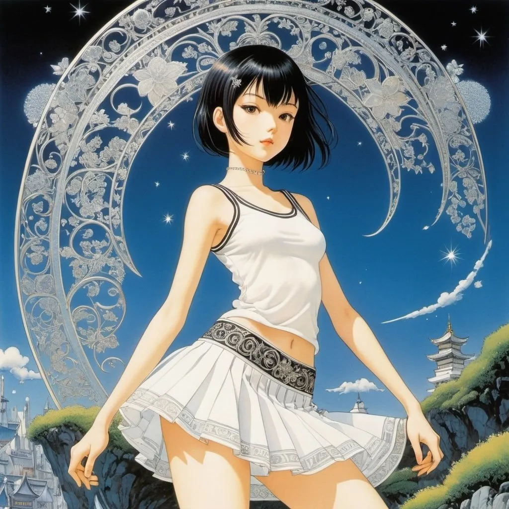 Prompt: Kay Nielsen, Jorge Longarón, Yuu Watase, Josep Maria Sert, Katsuhiro Otomo, boyish beautiful teenage girl, miniskirt, perfect body, slim, short haircut, elegant perfect magical, Japanese anime, detailed masterpiece  