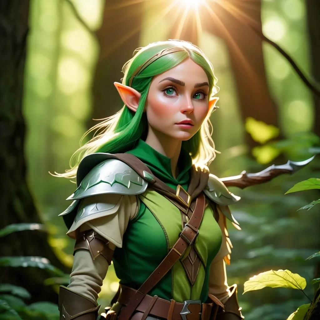 Prompt: Elf ranger in a mystical forest around sunlight
