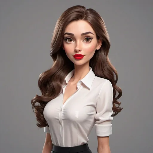 Prompt: 3D cartoon adult beautiful girl brown tall hair and red lip half open month with office style