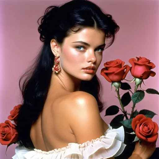 Prompt: Erika eleniak very Young very pretty black hair long black Adriana lima Young very pretty hair very long dress flamenco frills red White Pink diamante golden roses 8k