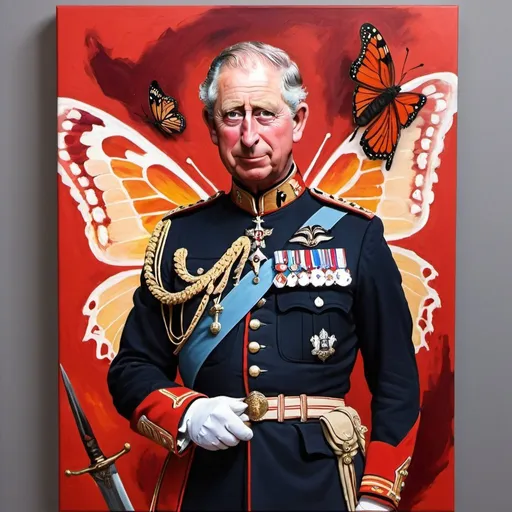 Prompt: create a painting of Charles was still Prince of Wales, depicts the monarch wearing the uniform of the Welsh Guards, sword in hand, against a fiery red background that appears to almost swallow him whole, as a butterfly looks like it’s about to land on his shoulder.