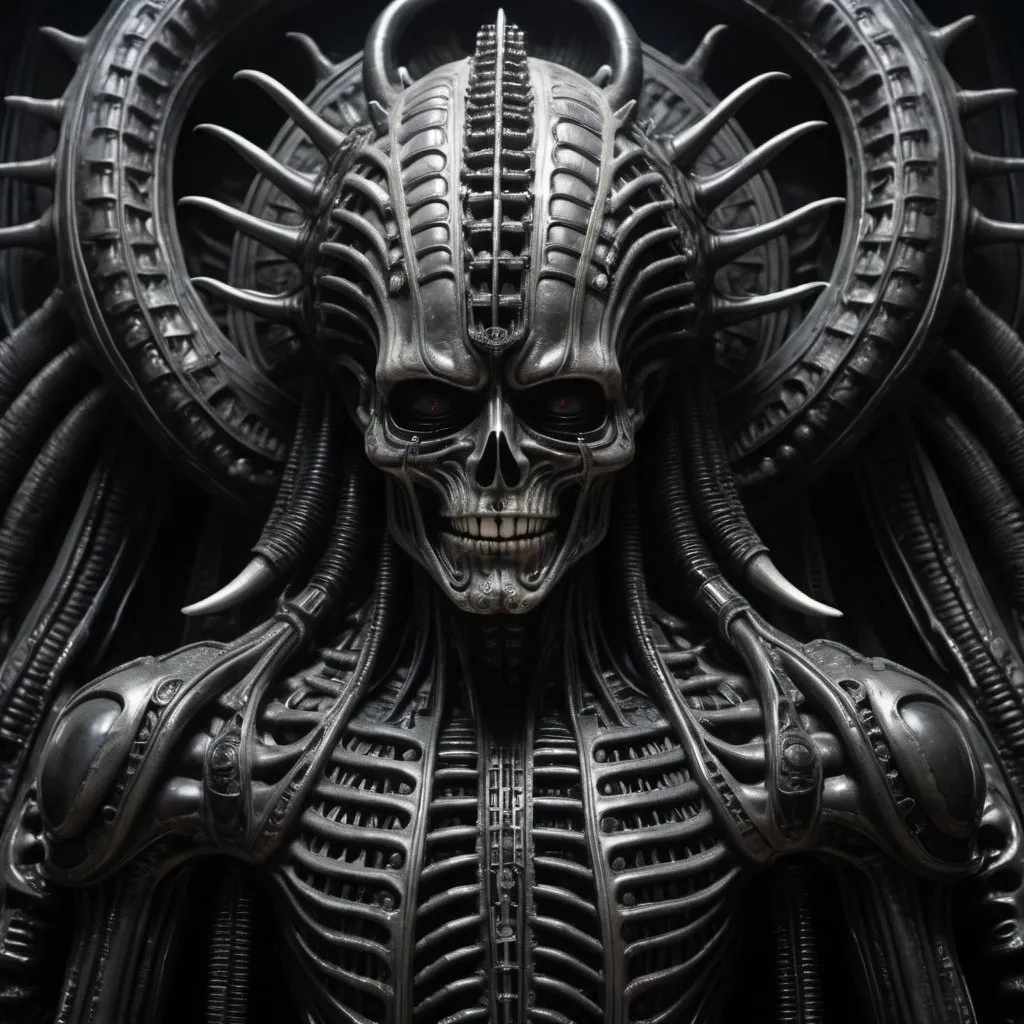 Prompt: The God of terror made of a thousand skulls the most terrifying scene ever imaginable in Giger style 