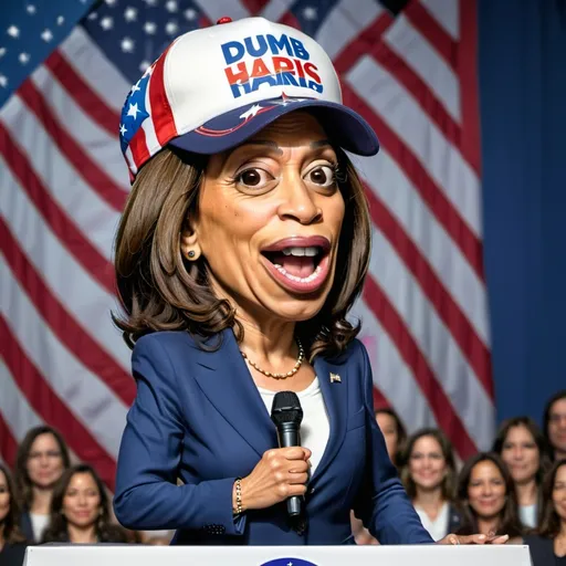 Prompt: Kamala harris wearing a hat that says "DUMB" on stage with microphone. Patriotic