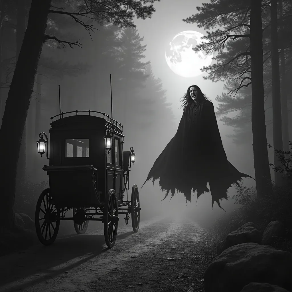 Prompt: { "prompt": "black and white A dark and eerie scene set on a winding mountain forest path under the pale light of a full moon. A vintage stagecoach with intricate wooden detailing stands still, its lanterns barely illuminating the dense, shadowy trees that loom over the path. The forest is shrouded in thick fog, and the atmosphere is filled with an unsettling silence. Hovering just above the ground near the stagecoach is a menacing vampire, his long dark hair flowing, pale face lit by the moonlight, and sharp fangs bared in a terrifying grin. His dark cloak billows unnaturally, as if moved by an unseen force, creating a chilling presence. The scene is saturated with suspense, gothic mystery, and a sense of imminent danger.", "size": "1024x1024" }