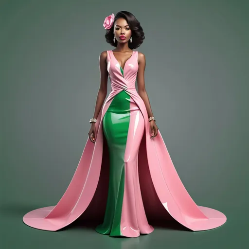 Prompt: Create a 3d flat logo, glossy, high resolution, for OREOFEOLUWA Fashion line. Let there be [a female gorgeously dressed in a beautiful long dress ]. The brand colours of the design are pink and green, ]. The overall design should be on a grey