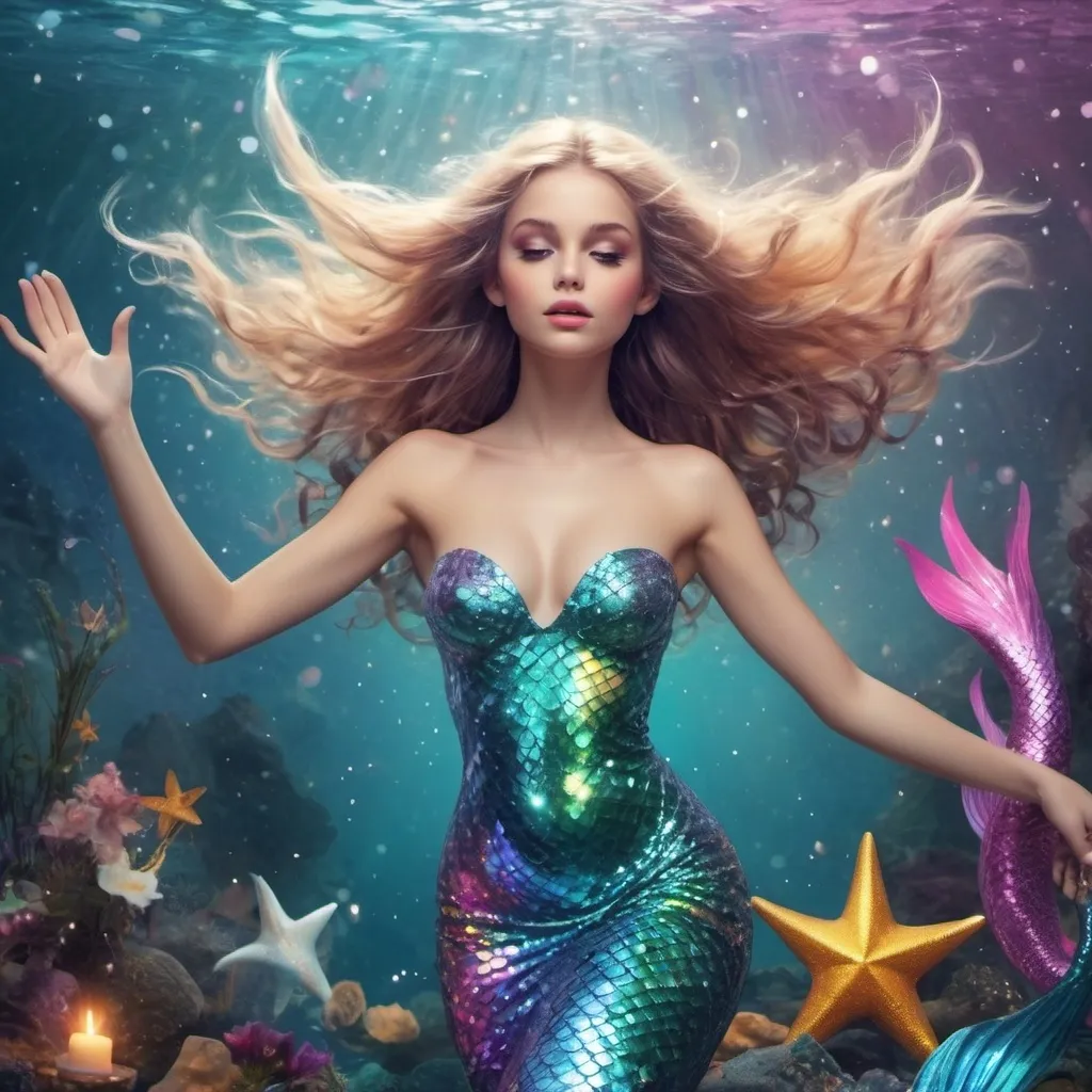 Prompt: a beautiful digital art that looks like it was designed by the most famous talented designers in the world, make it sparkly, twinkle, glittery, colourful, full of surprise and beauty. use this all to make a spirituality inspiration photo that could serve as a cover of a magazine. mermaids and angels 

