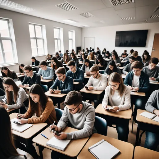 Prompt: Generates an image of a university classroom with many students, some taking notes carefully, others playing with their phones