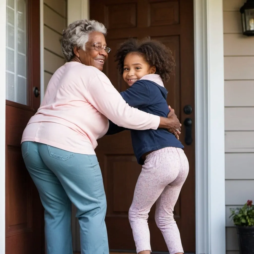 Prompt: African american grandma gives little girl  in pants  hug at the front door