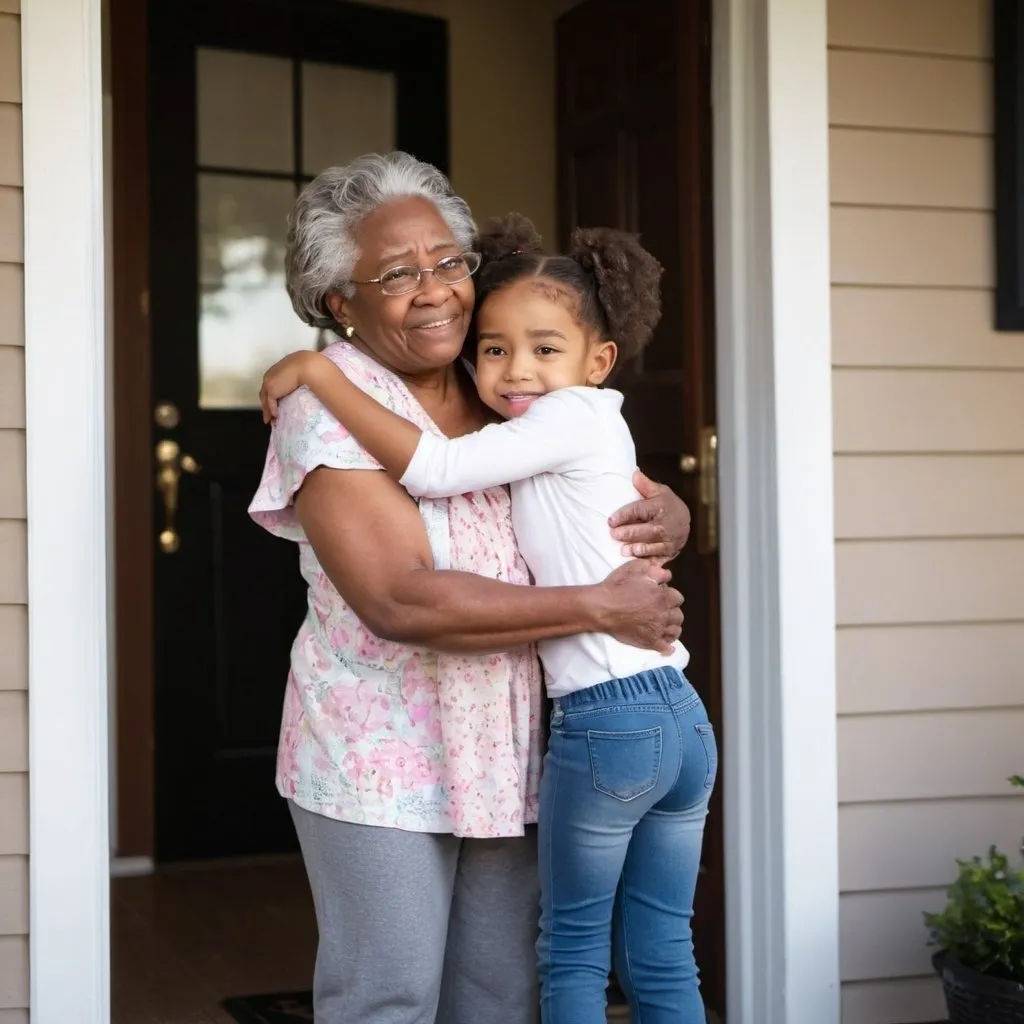 Prompt: African american grandma gives little preschool girl  in pants  tight hug at the front door