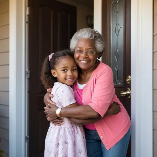 Prompt: African american grandma gives little girl hug at the front door