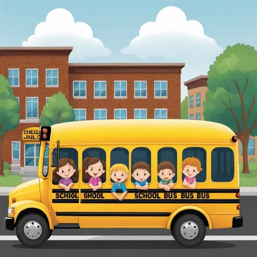 Prompt: Chlldren looking out school bus window as the school bus drives down the street clipart