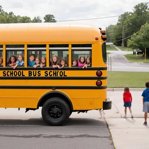 Prompt: Chlldren looking out school bus window as the school bus drives down the street