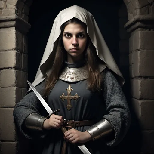 Prompt: Sor Daniela, monja medieval, oscura, intriga, guerrera