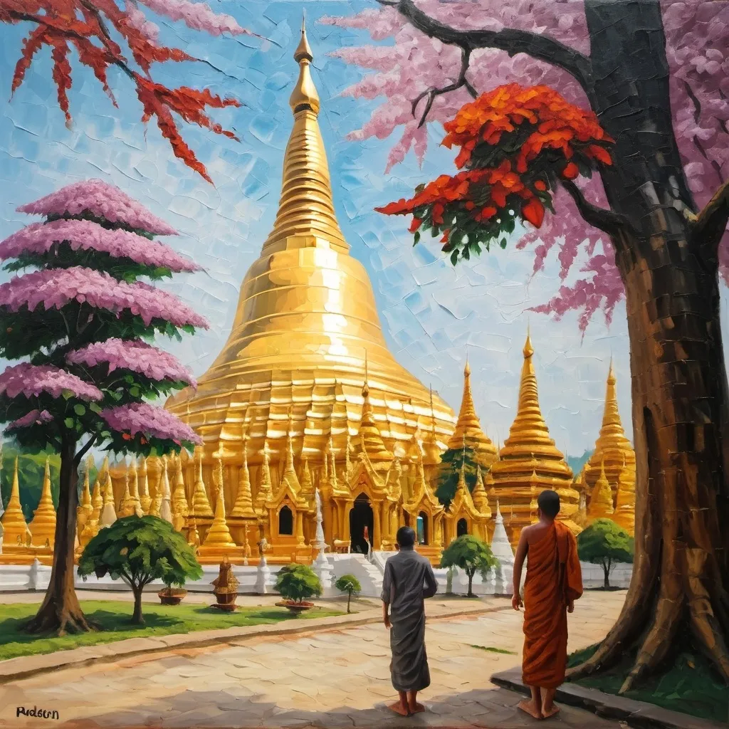 Prompt: thick impasto oil painting of shwedagon pagoda and buddha and flower and myanmar man