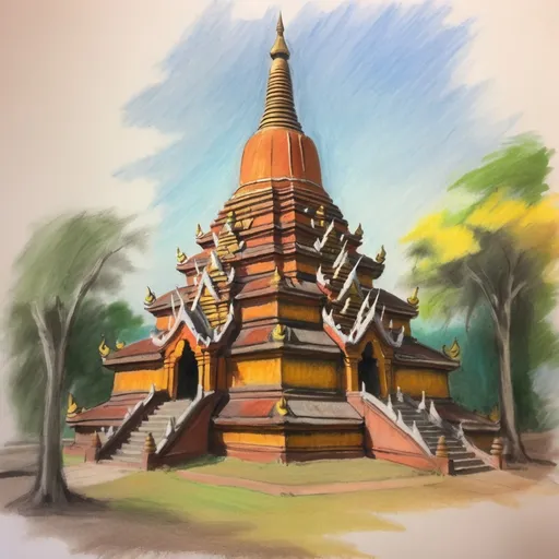 Prompt: Rough Colourful pastel sketch drawing of myanmar pagoda
