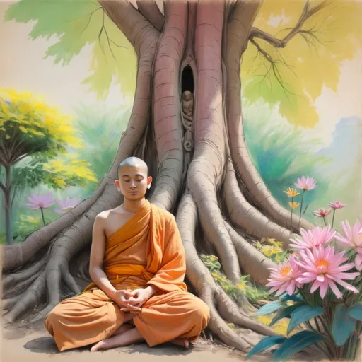 Prompt: Rough Colourful pastel sketch drawing ofyoung man and budha monk sitting in frond of tree and flowers
