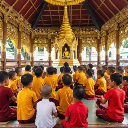 Prompt: myanmar children praying in yangon pagoda and lolus and beautiful around