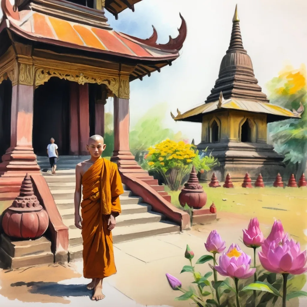 Prompt: Rough Colourful pastel sketch drawing of myanmar pagoda and young man and budha monk and flowers
