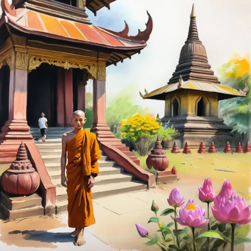 Prompt: Rough Colourful pastel sketch drawing of myanmar pagoda and young man and budha monk and flowers
