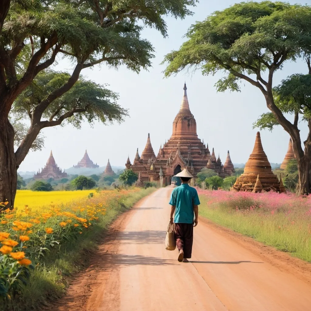 Prompt: bagan pagoda and beautiful road and flower and myanmar man