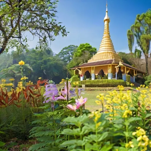 Prompt: myanmar pagoda in the forest and flower