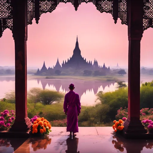 Prompt: <mymodel> myanmar man and bagan pagoda and lake and lolus and flower