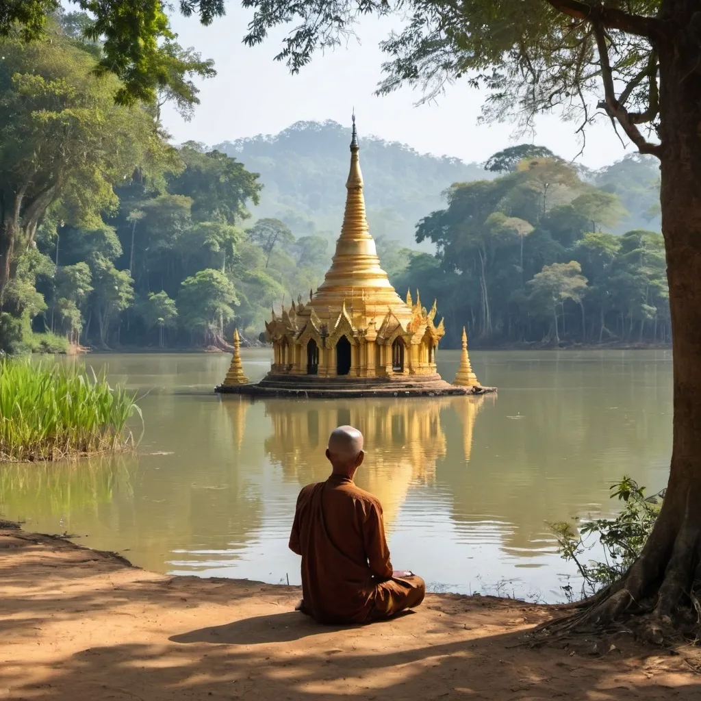 Prompt: myanmar pagoda and the forest and myanmar man and lolus and lake
