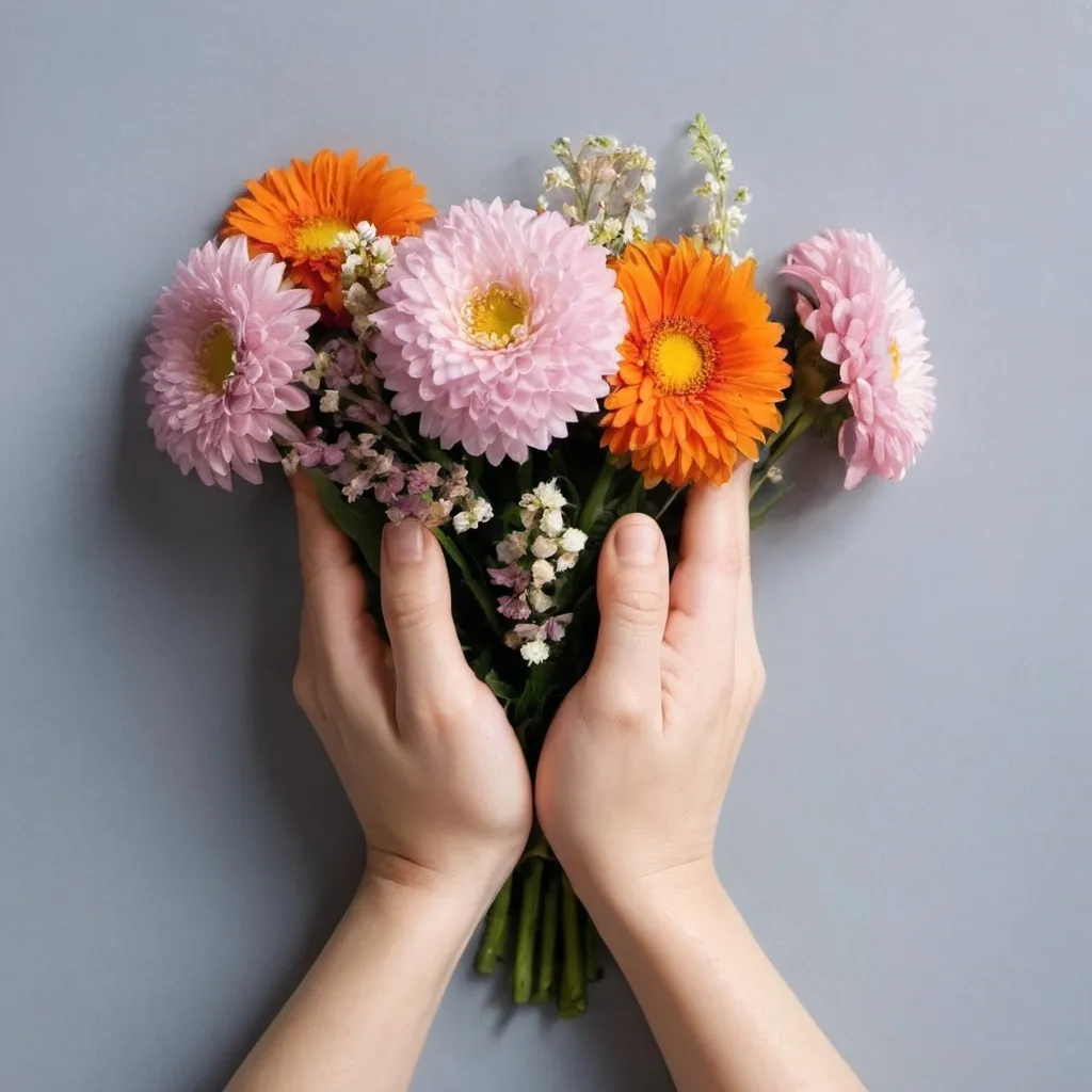 Prompt: flowers in the hands  and hands are praying and flowers