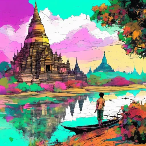 Prompt: vibrant inkpunk style photo of bagan pagodan and lake and lolus and myanmar boy