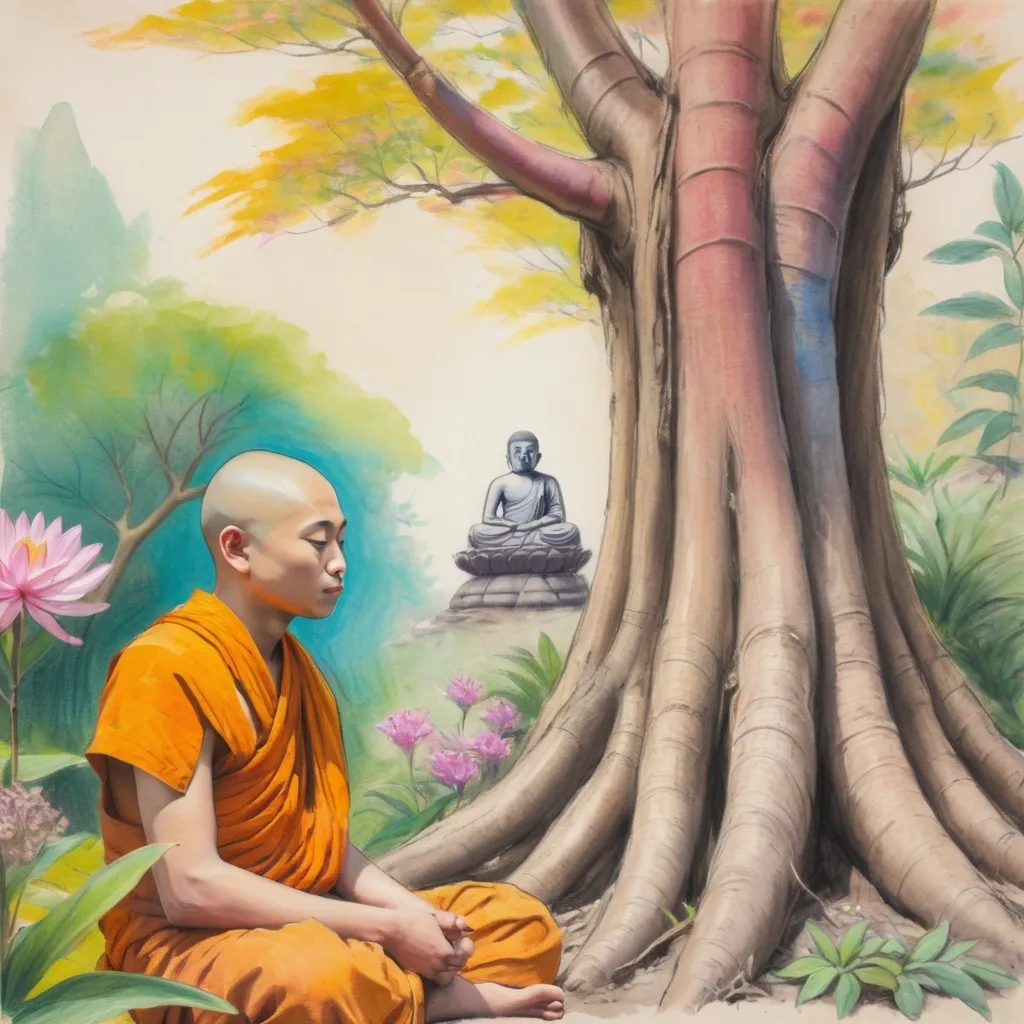 Prompt: Rough Colourful pastel sketch drawing ofyoung man and budha monk sitting in frond of tree and flowers
