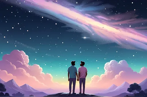 Prompt: (cartoon style), (pastel color scheme), sparkling night sky, Dilshan and Dulshan gazing in awe, Jupiter featuring prominently in the sky, dreamy expressions, celestial ambiance, whimsical atmosphere, twinkling stars surrounding the scene, lighthearted and adventurous mood, enchanting and imaginative setting, ultra-detailed, vibrant tones.