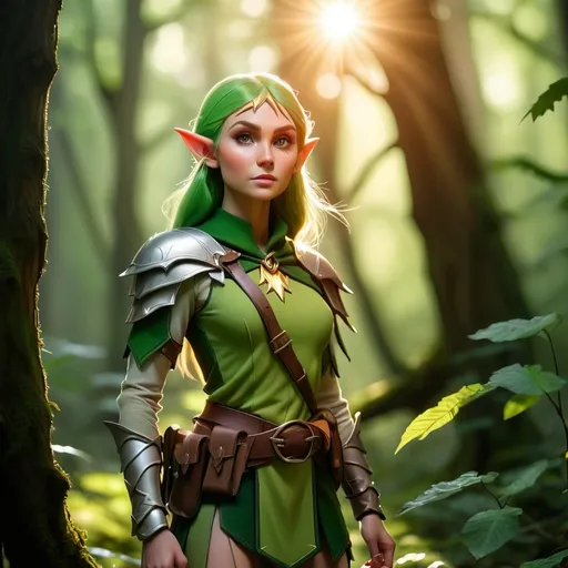 Prompt: Elf ranger in a mystical forest around sunlight