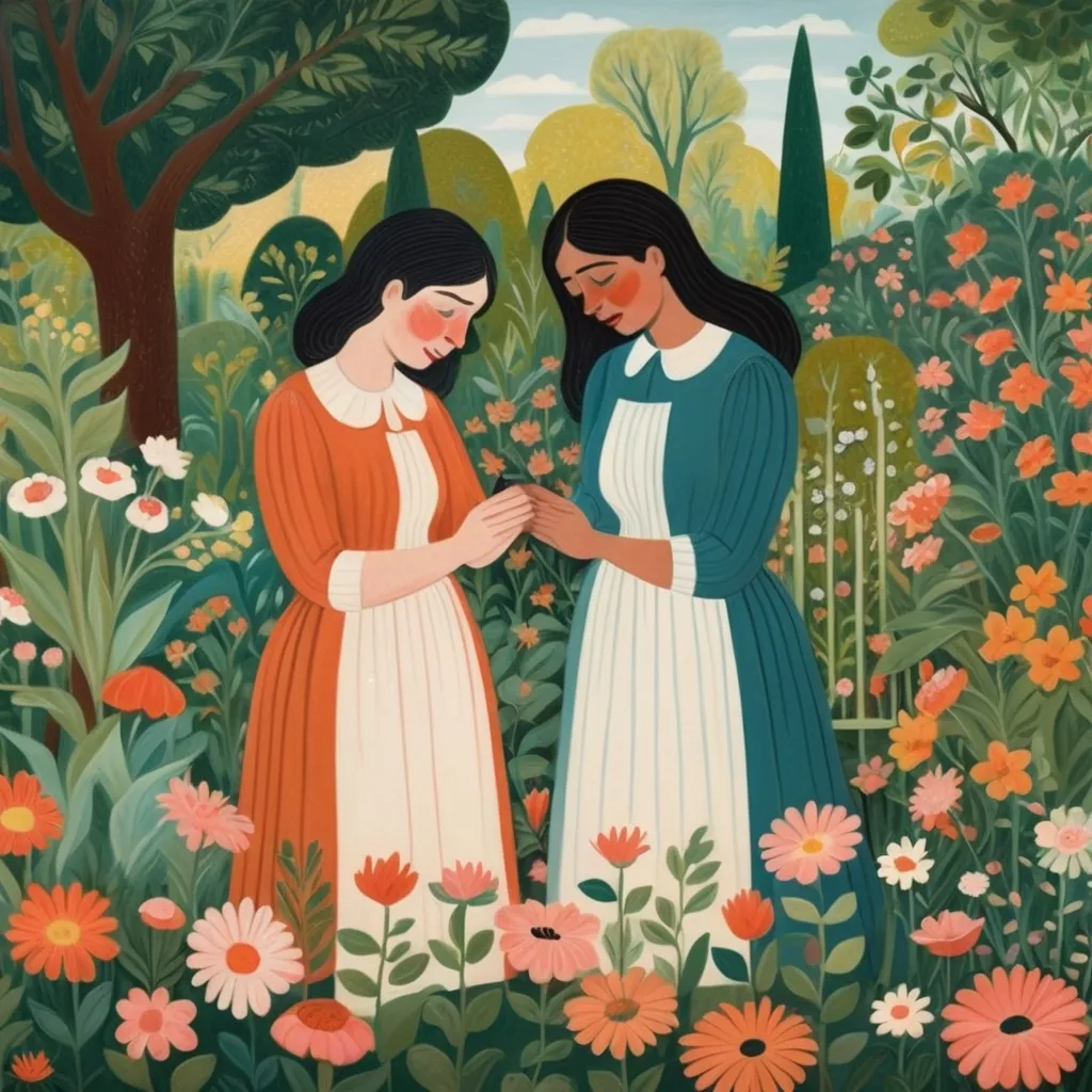 Prompt: a painting of two women in a garden with flowers and leaves around them, in a lush garden  one of them is touching the other's hand, and belly Cornelia MacIntyre Foley, naive art, storybook illustration, a storybook illustration. the women are crying 