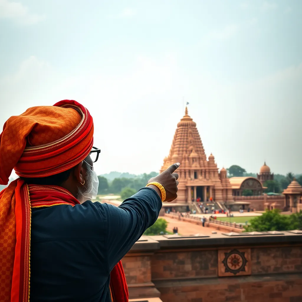 Prompt: Generate an image of a devotee pointing towards Brihaddiswara temple from a far distance