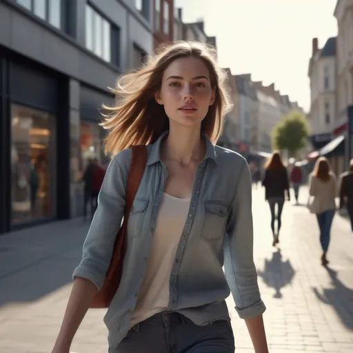 Prompt: Tall young woman walking down the high street, (detailed clothing), realistic pose, (natural lighting), vibrant street scene, modern architecture in the background, casual urban atmosphere, lively surroundings, people bustling, sun casting soft shadows, capturing spontaneous moments, (high quality), (4K), ultra-detailed composition.