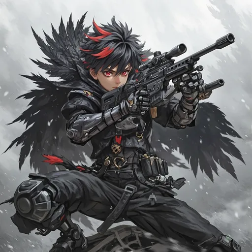 Prompt: A young man with robot arms instead of human arms, with black and read spiky hair, aiming a long black sniper rifle, red eyes, wearing a black cloak with crow feathers. Fighting pirates from the crow’s nest