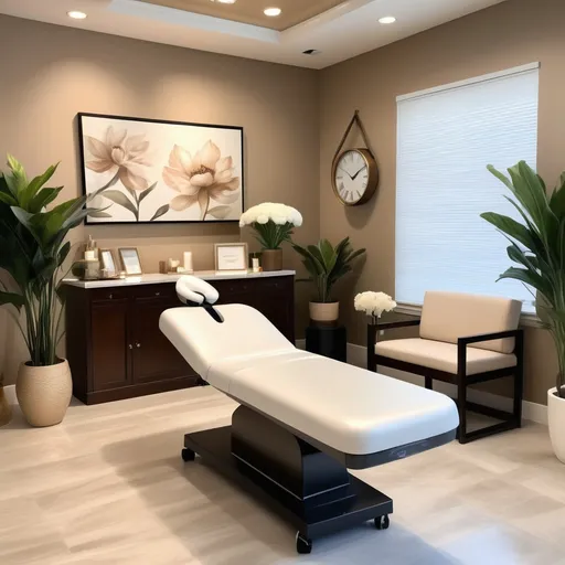 Prompt: (beautiful woman aesthetician), serene office environment, soft natural lighting, warm neutral tones, elegant decor, professional yet inviting atmosphere, focused expression while applying skin treatment, modern aesthetic equipment, tranquil decorations, floral accents, high detail, ultra-detailed, inviting ambiance, calm and cozy vibe, chic interior design, rich textures.