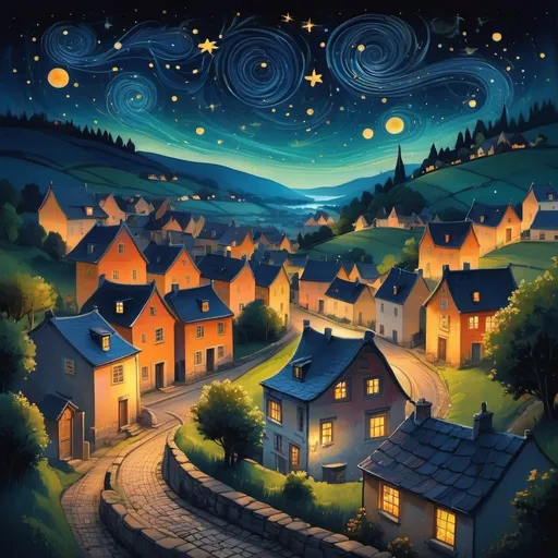 Prompt: "A serene night scene with vibrant stars, overlooking a small countryside village with glowing windows and winding streets"