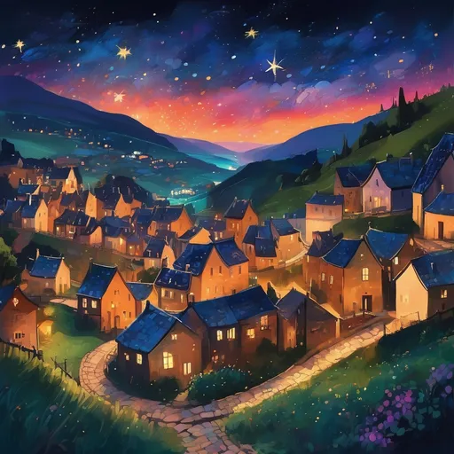 Prompt: "A serene night scene with vibrant stars, overlooking a small countryside village with glowing windows and winding streets"