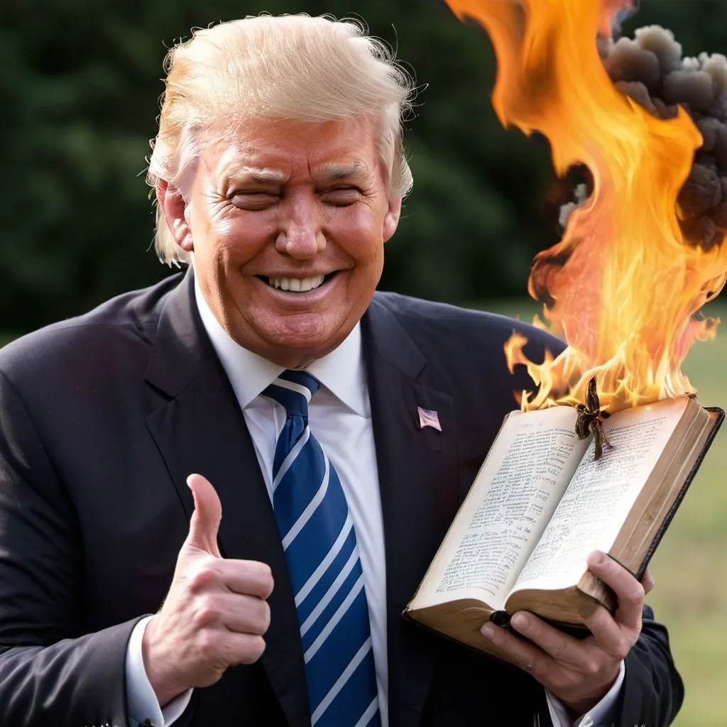 Prompt: Donald trump smiling while he holds up a Bible he is setting on fire 