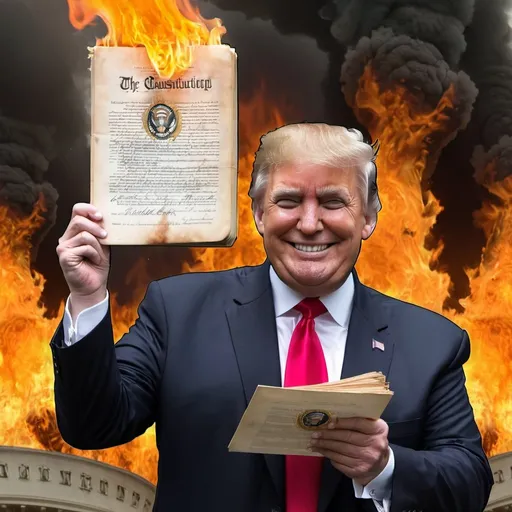 Prompt: Donald trump smiling while he holds up the constitution and sets it on fire 