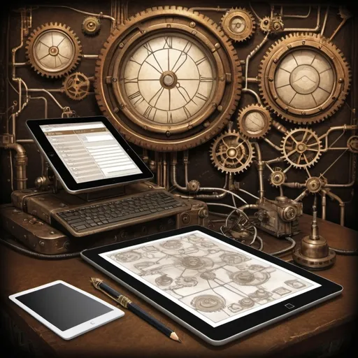 Prompt: Background with a network with computers, routers, and servers. A main image with a tablet where we an see a form to complete, and a hand with a pencil editing the form. All in steampunk style