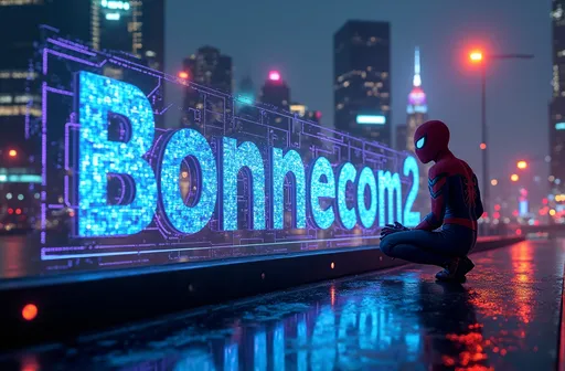 Prompt: 4K sci-fi wallpaper featuring Spider-Man in a futuristic cyberpunk city at night, neon lights, glowing skyscrapers, high-tech background, cinematic lighting, ultra-detailed and realistic. The word 'Bonmecom2' appears as a high-tech holographic sign, glowing with intricate digital patterns, reflections, and neon circuitry. The text should be prominent, 3D-styled, integrated naturally into the environment like part of a futuristic billboard or interface, with blue and purple glow.